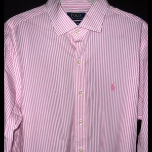 Ralph Lauren Polo Slim Fit Button Down Stretch Poplin Pink White Stripe Shirt 16